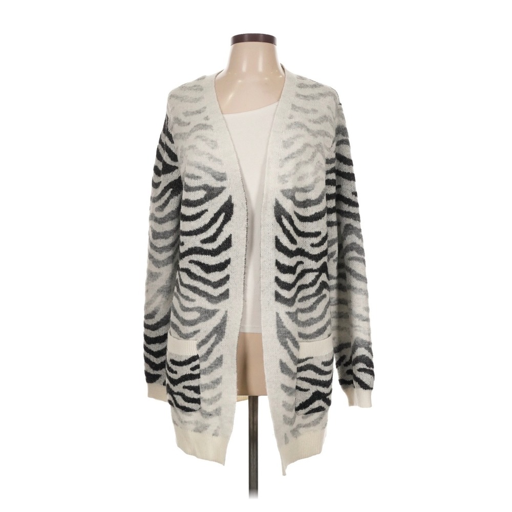Love Ellie Cardigan Sweater Women Large White Gray Excellent Zebra Print Pockets